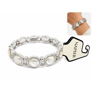 New Napier Bracelet Silver Ivory Faux Pearl Crystal Stretch Statement classic